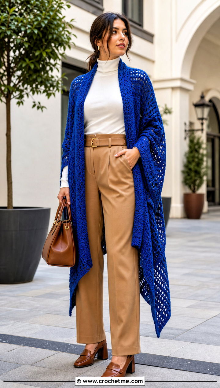 Ruana Crochet Boho Shawl With Belted Trousers - 30 crochet boho shawl outfit ideas