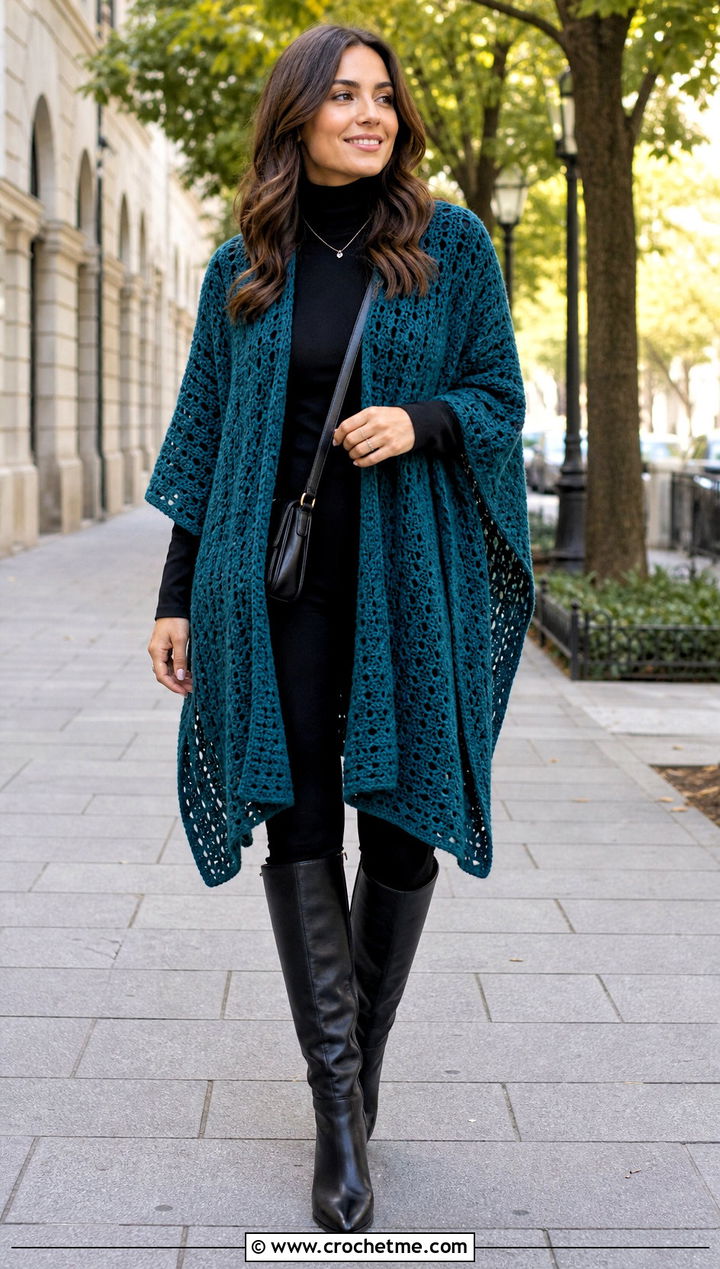 Ruana Crochet Poncho Shawl With Turtleneck And Leggings - 20 crochet poncho shawl outfit ideas