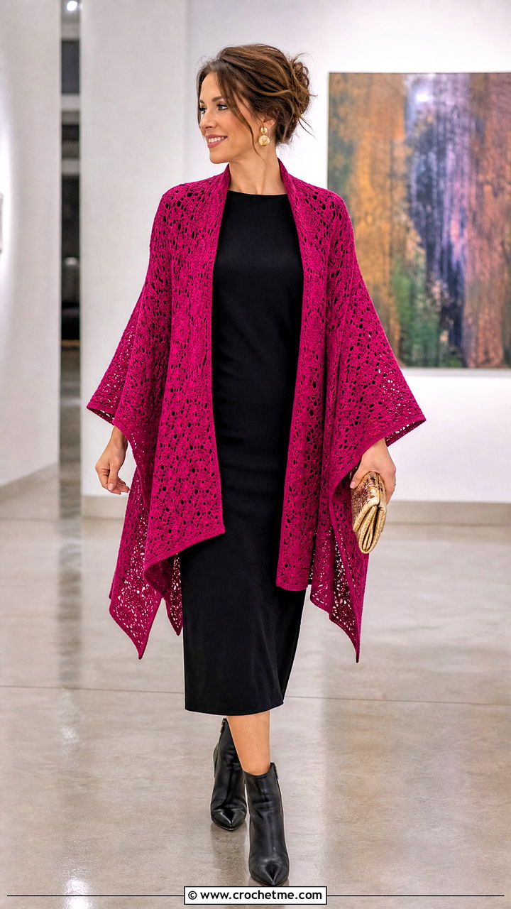 Ruana Crochet Poncho With Black Column Dress - 35 crochet ponchos outfit ideas