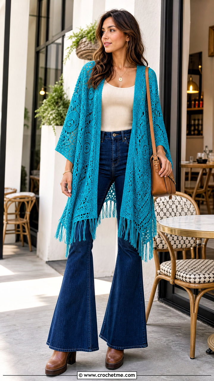 Ruana Crochet Poncho With Flared Jeans - 35 easy crochet poncho outfit ideas