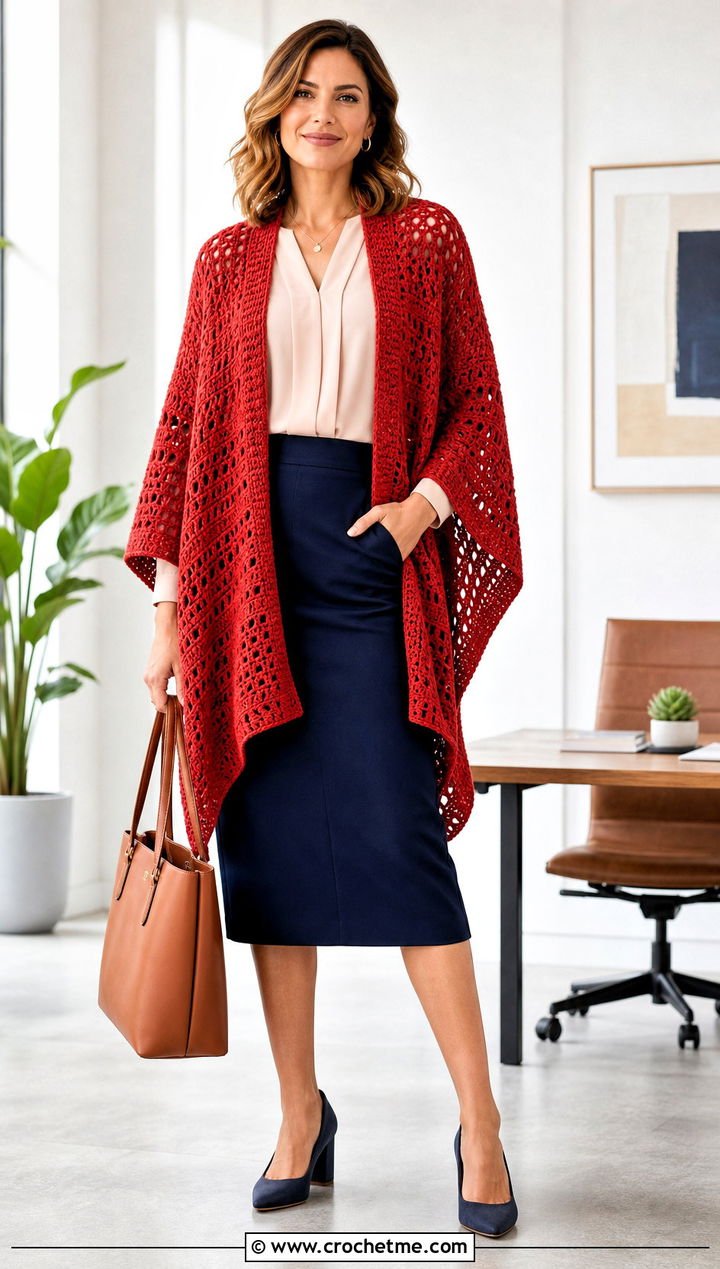 Ruana Crochet Poncho With Pencil Skirt - 20 crochet poncho for women outfit ideas