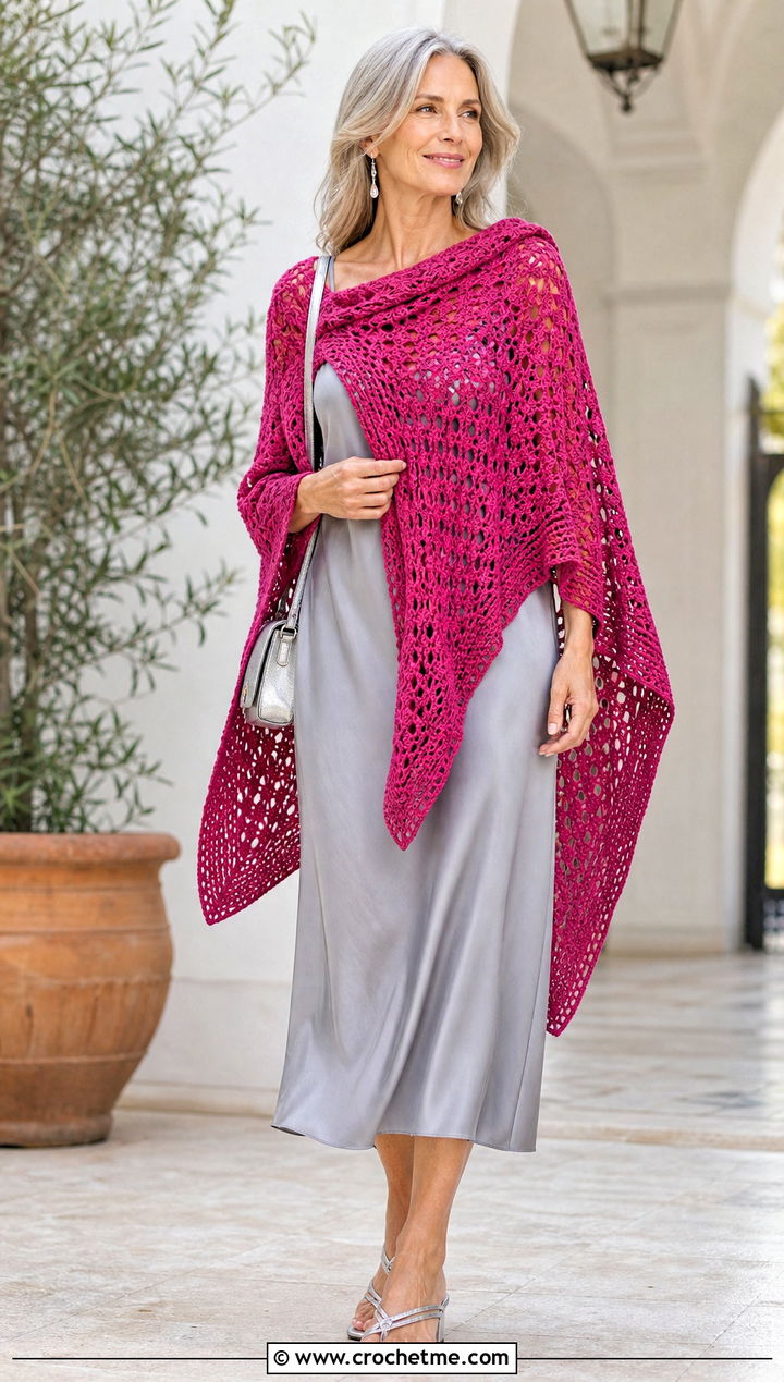 Ruana Crochet Poncho With Slip Dress - 20 crochet lightweight poncho outfit ideas