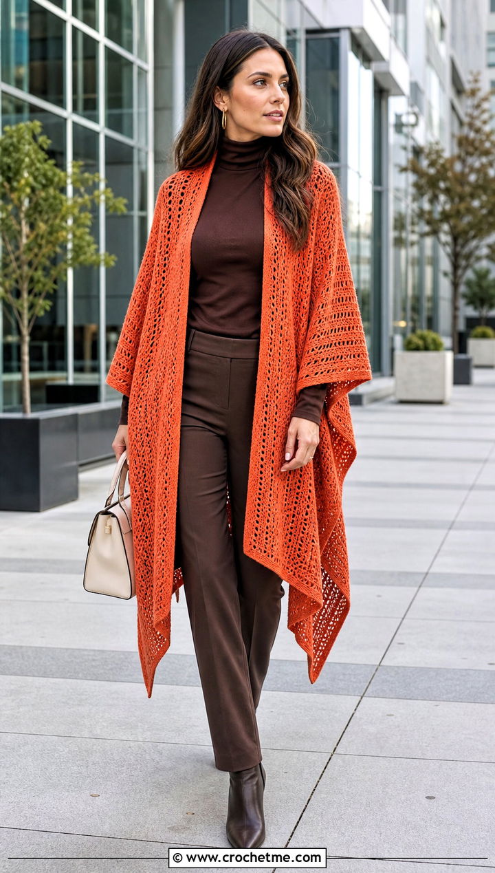 Ruana Crochet Poncho With Turtleneck And Trousers - 25 Easy Simple Crochet Poncho outfit ideas
