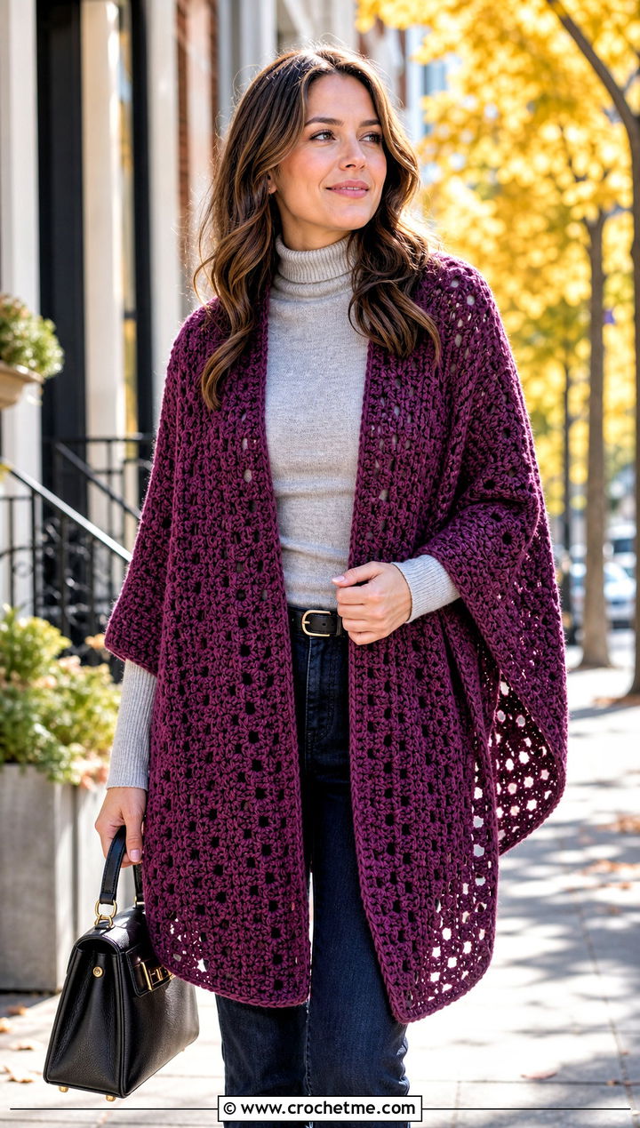 Ruana Crochet Shawl With A Turtleneck And Boots - 15 bright crochet shawl outfit ideas