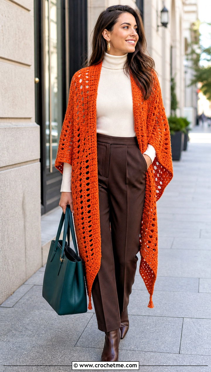 Ruana Crochet Shawl With Belted Trousers - 20 Elegant Crochet Shawl outfit ideas