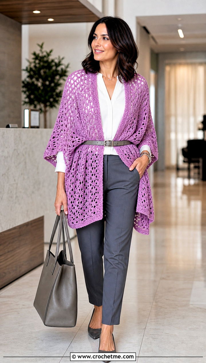 Ruana Crochet Shawl With Belted Work Outfit - 25 crochet for shawls outfit ideas