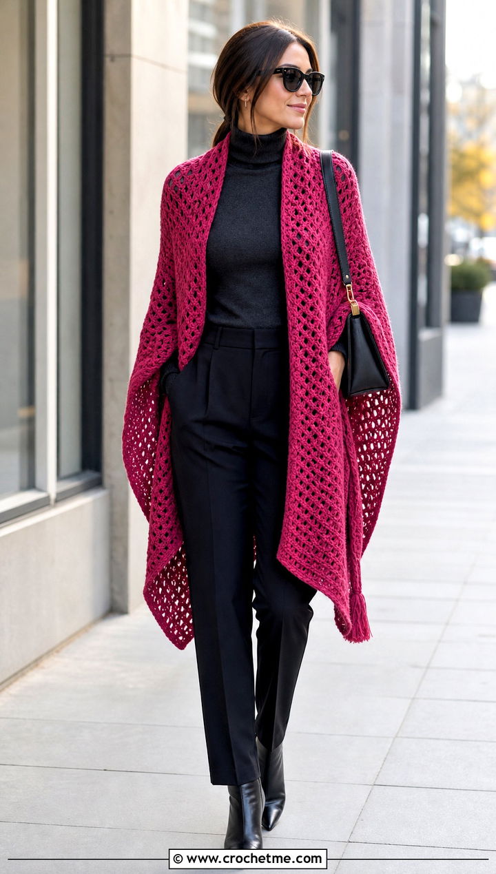 Ruana Crochet Shawl With Black Trousers - 25 Simple Crochet Shawl outfit ideas