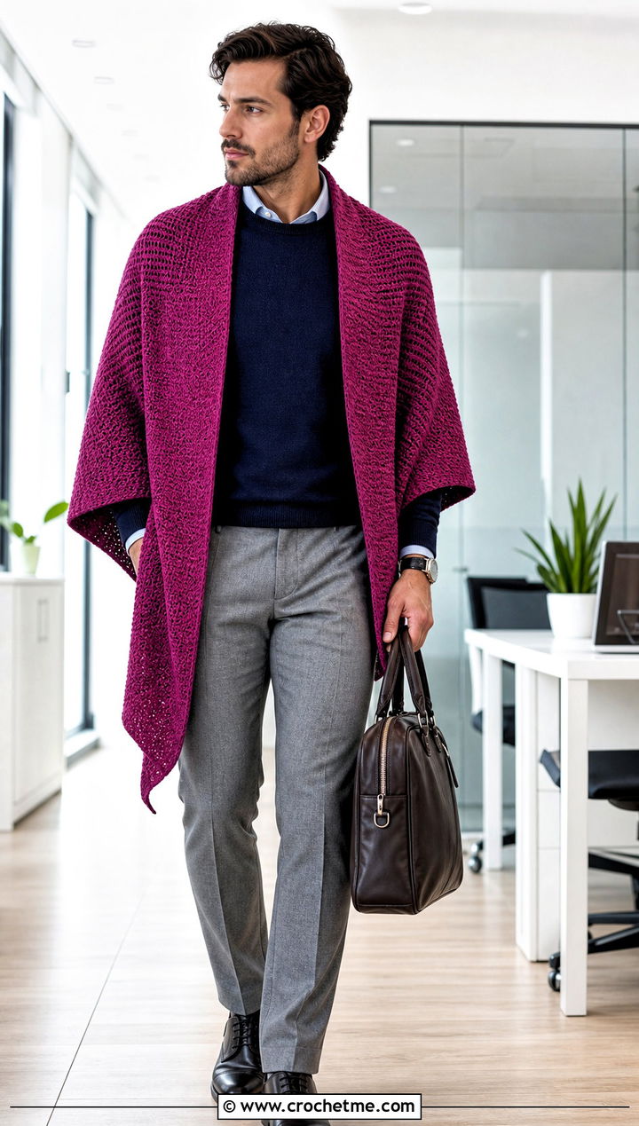 Ruana Crochet Shawl With Office Outfit - 30 crochet shawl for men outfit ideas