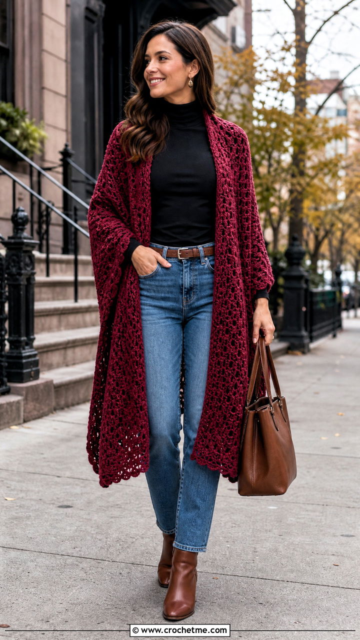 Ruana Crochet Shawl With Turtleneck And Jeans - 35 easy simple crochet shawl outfit ideas