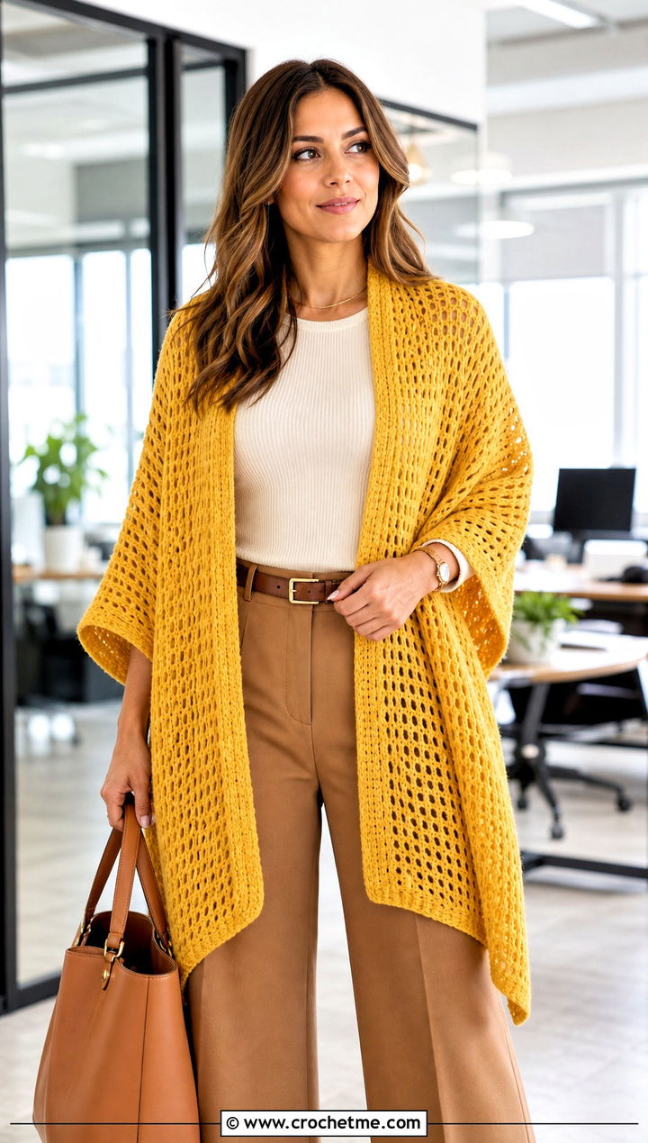 Ruana Crochet Shawl With Wide Leg Trousers - 30 winter crochet shawl outfit ideas