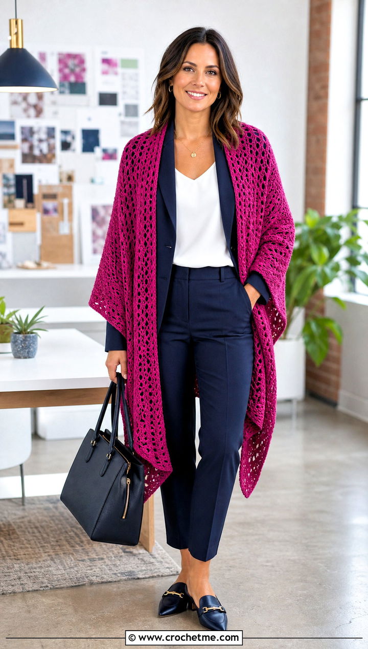 Ruana DK Yarn Crochet Shawl With Blazer And Trousers - 25 Crochet Shawl Dk Yarn outfit ideas