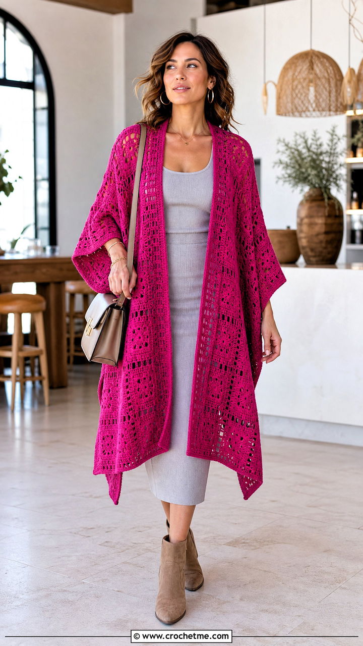 Ruana Granny Square Poncho With Ribbed Knit Set - 35 crochet granny square poncho outfit ideas