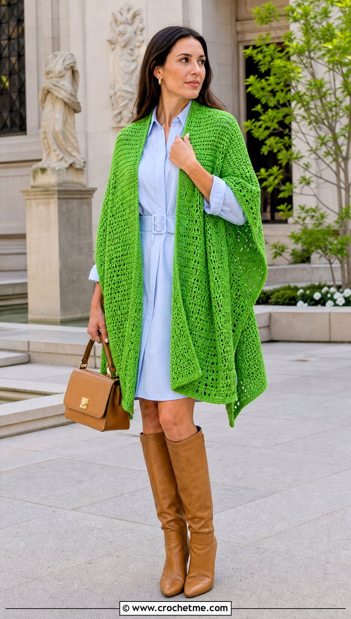 Ruana Martha Stewart Crochet Poncho With Belted Shirt Dress - 15 martha stewart crochet poncho outfit ideas