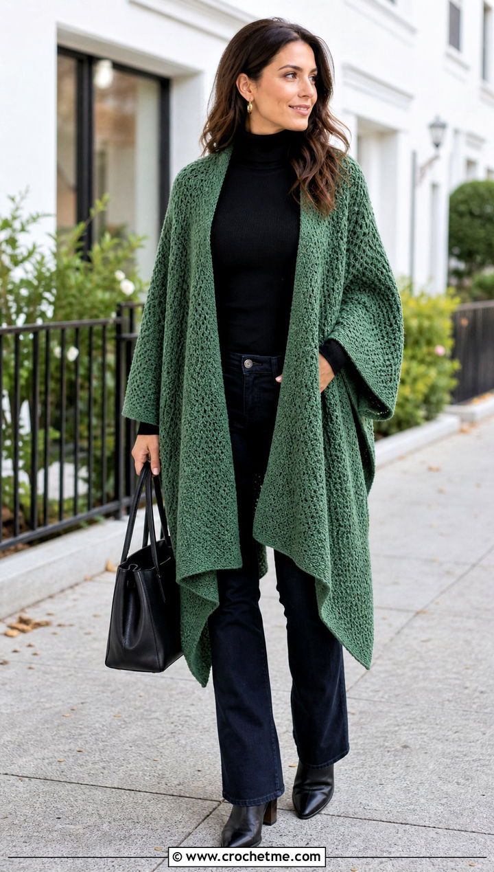 Ruana Moss Stitch Shawl With A Turtleneck And Jeans - 25 Crochet Moss Stitch Shawl outfit ideas