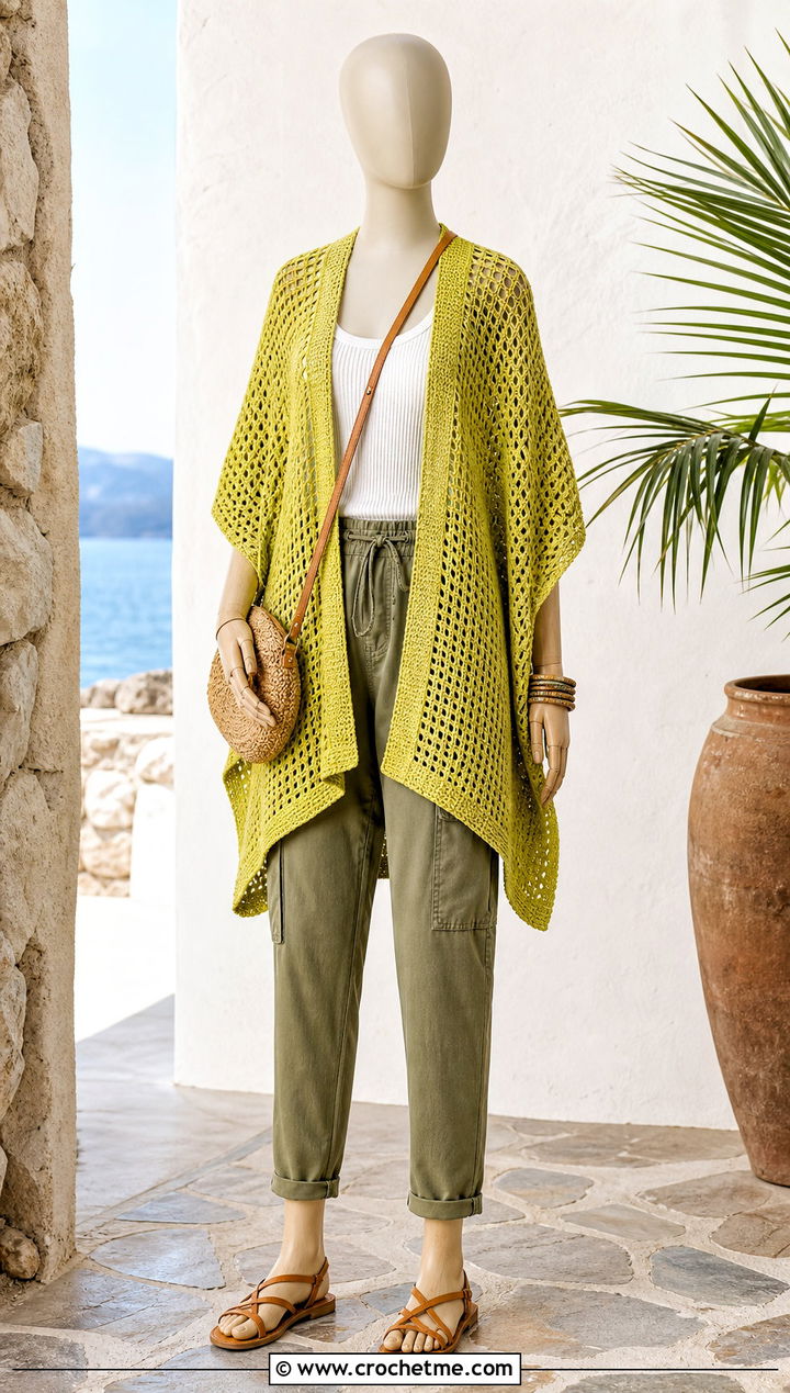 Ruana Style Crochet Poncho With Tank And Cargo Pants - 15 crochet poncho on mannequin outfit ideas