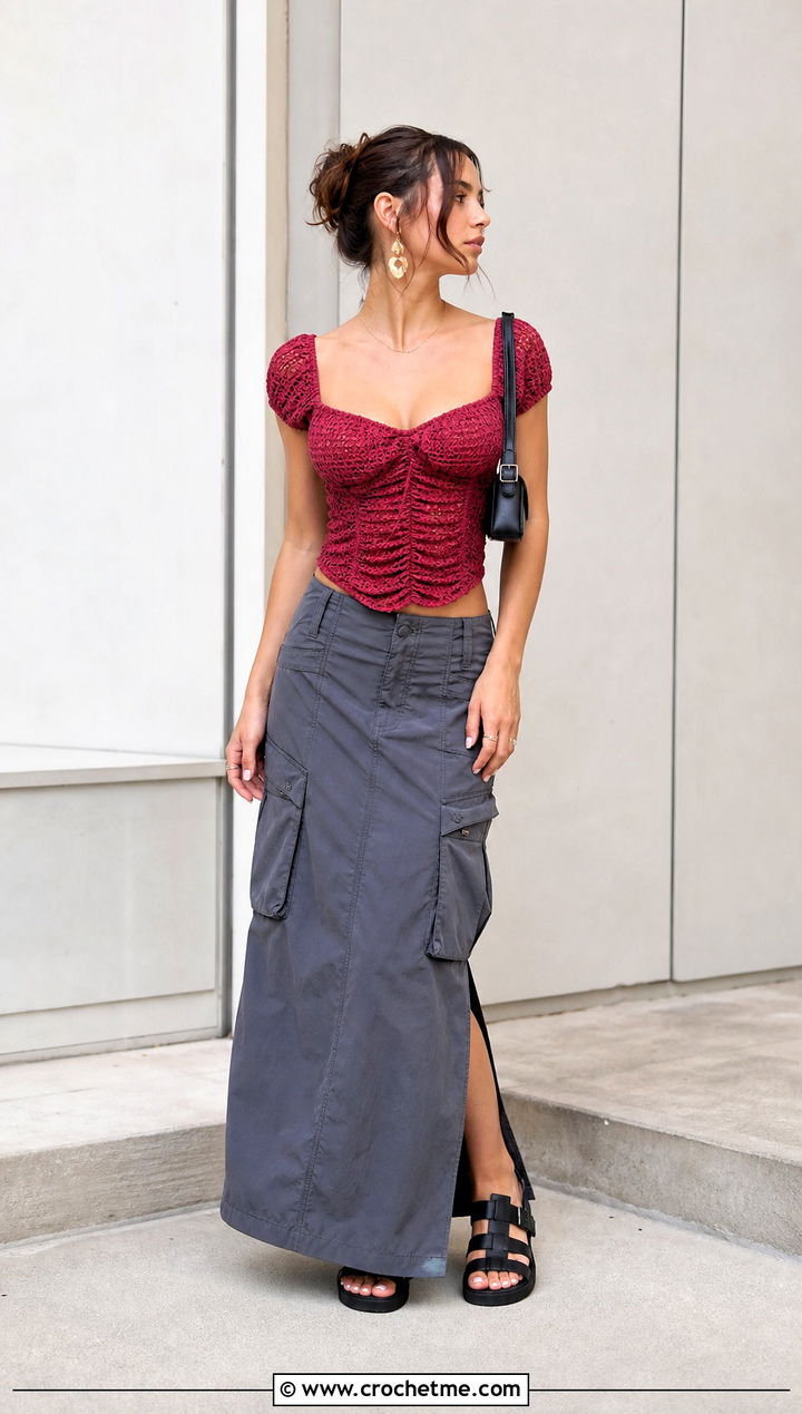 Ruched Crochet Milkmaid Top With Maxi Cargo Skirt - 20 Crochet Milkmaid Top outfit ideas