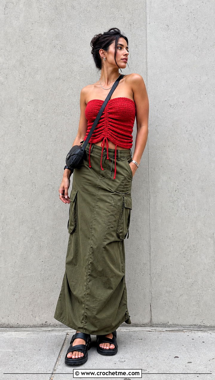Ruched Crochet Tube Top With Cargo Maxi Skirt - 35 strapless crochet top outfit ideas