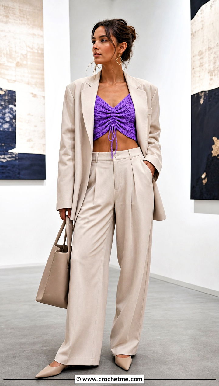 Ruched Crop Crochet Top With Relaxed Suit - 35 crop crochet top outfit ideas