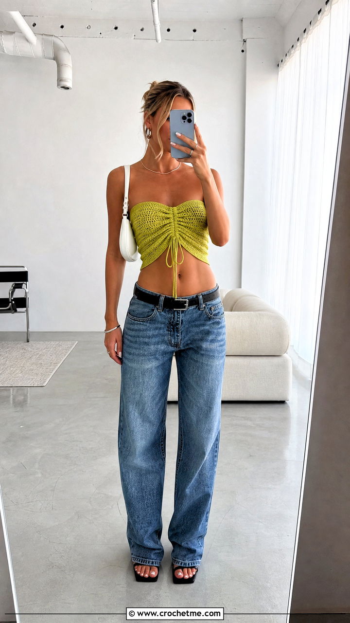 Ruched Front Crochet Tube Top With Low Rise Jeans - 35 crochet tube top outfit ideas