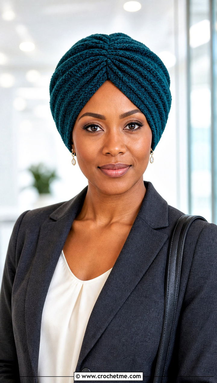 Ruched Front Crochet Turban Hat With Blazer And Trousers - 15 crochet turban style hat outfit ideas