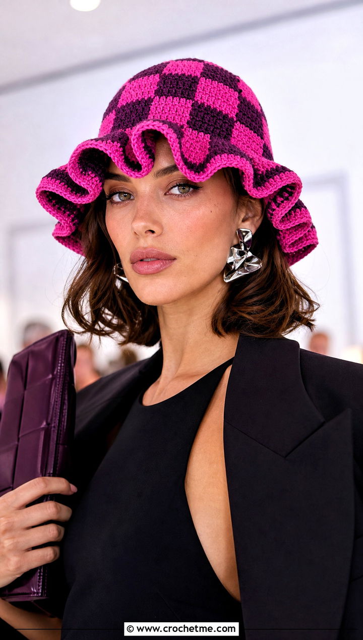 Ruffle Brim Checkerboard Crochet Bucket Hat With Party Outfit - 20 checkerboard crochet bucket hat outfit ideas