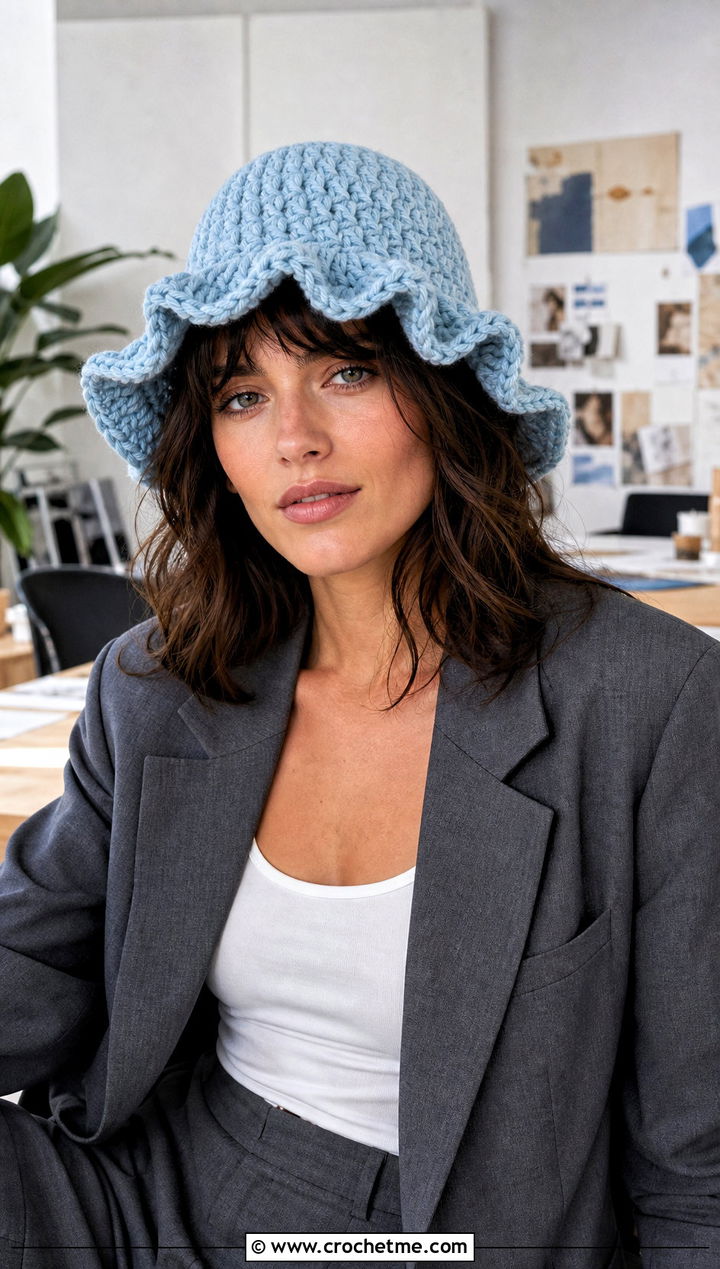 Ruffle Brim Chunky Crochet Bucket Hat With Tailored Suit - 25 Chunky Crochet Bucket Hat outfit ideas