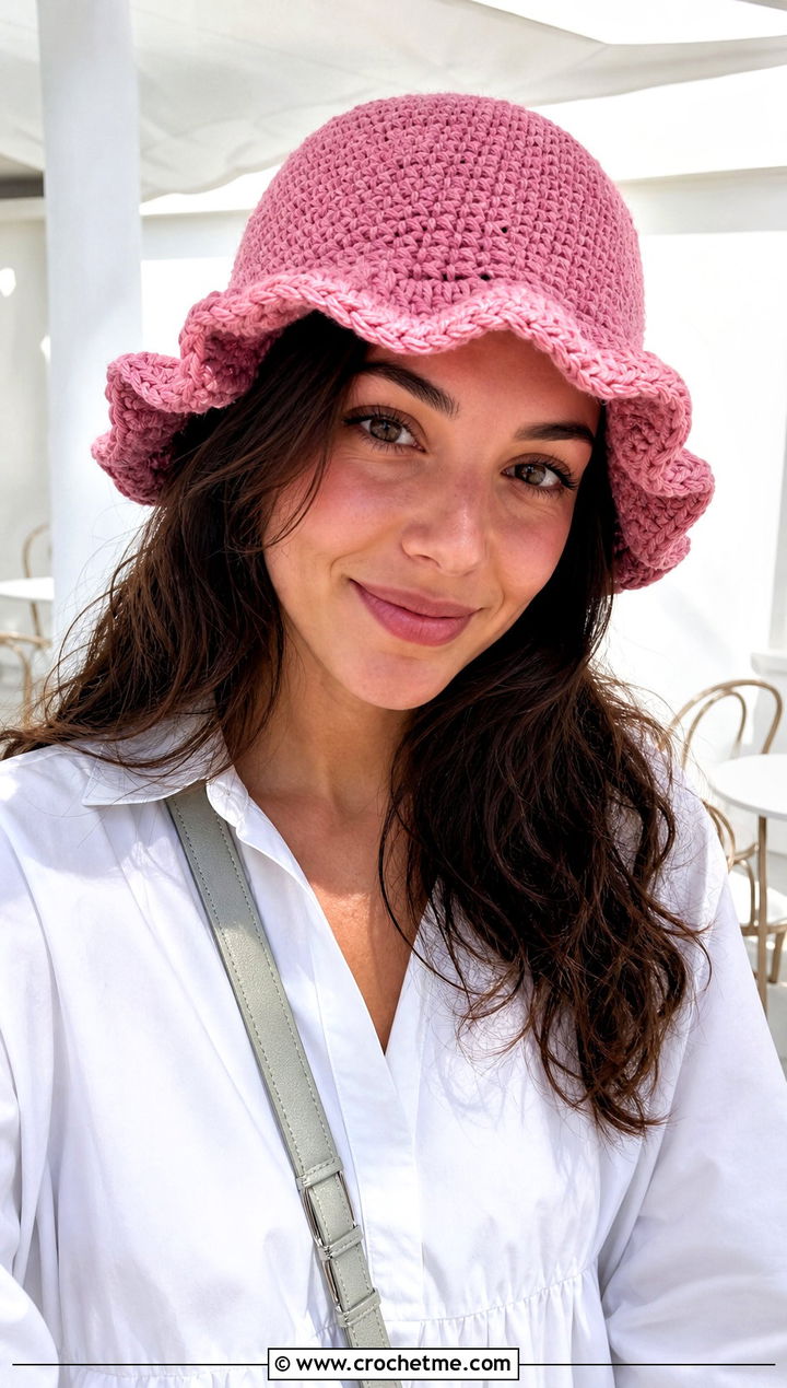 Ruffle Brim Crochet Adult Bucket Hat With Cotton Midi Dress - 25 crochet adult bucket hat outfit ideas
