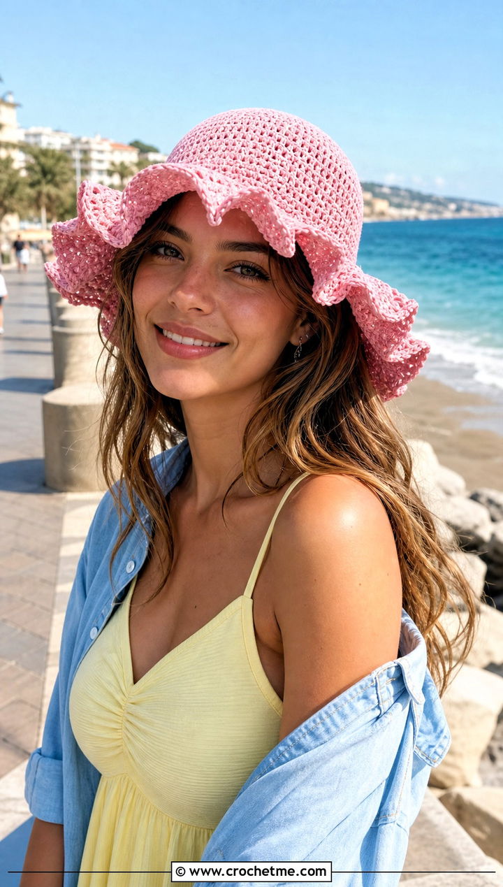 Ruffle Brim Crochet Beach Hat With Tank Dress - 30 crochet beach hats outfit ideas