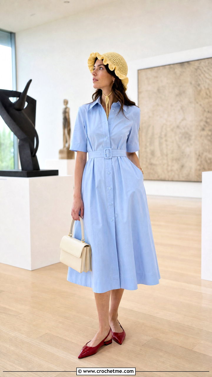 Ruffle Brim Crochet Bonnet With Shirt Dress - 35 crochet bonnet outfit ideas