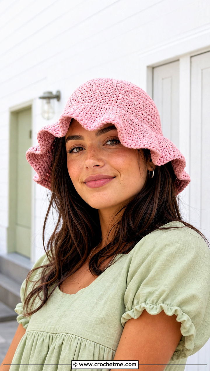 Ruffle Brim Crochet Bucket Hat With Babydoll Dress - 25 crocheting bucket hat outfit ideas