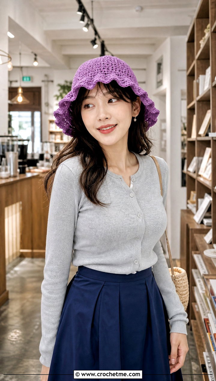 Ruffle Brim Crochet Bucket Hat With Cardigan And Midi Skirt - 25 Crochet Bucket Hat For Women outfit ideas