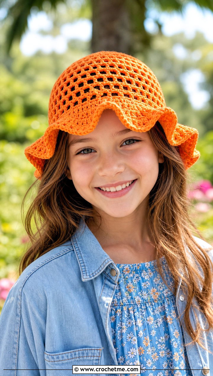 Ruffle Brim Crochet Bucket Hat With Cotton Dress - 15 Childs Crochet Hat outfit ideas