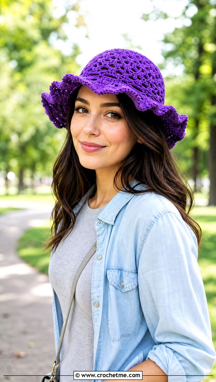 Ruffle Brim Crochet Hat With T Shirt Dress And Sneakers - 35 women crochet hat outfit ideas