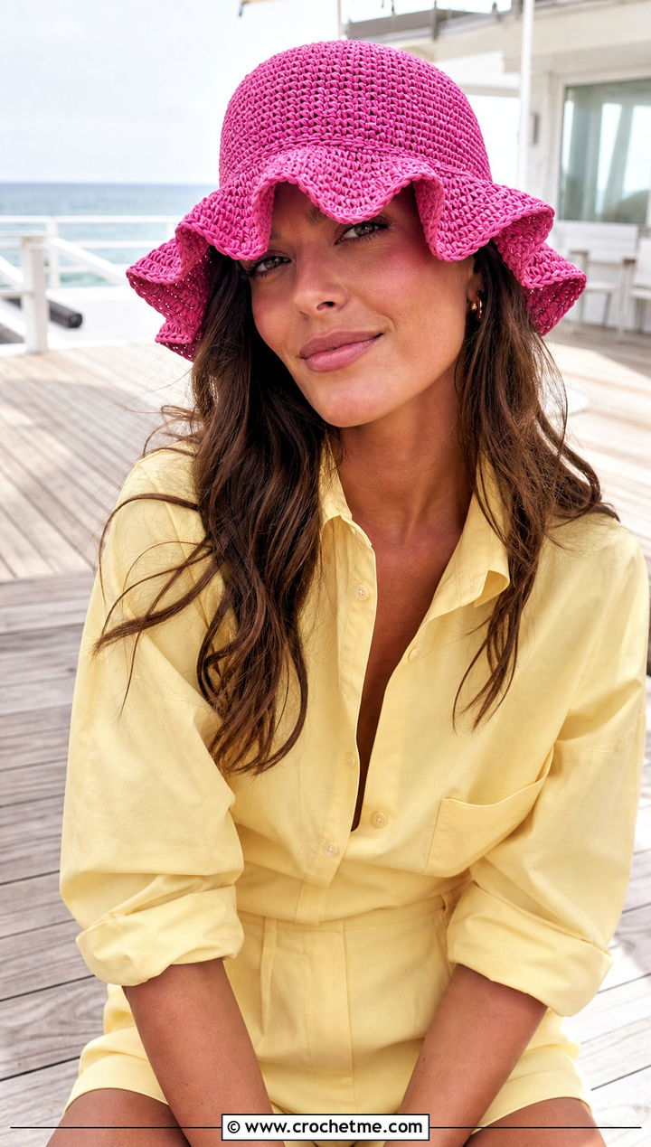 Ruffle Brim Crochet Raffia Bucket Hat With Poplin Set - 25 crochet raffia bucket hat outfit ideas