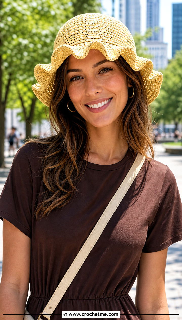 Ruffle Brim Crochet Raffia Hat With T Shirt Dress - 30 crochet raffia hat outfit ideas
