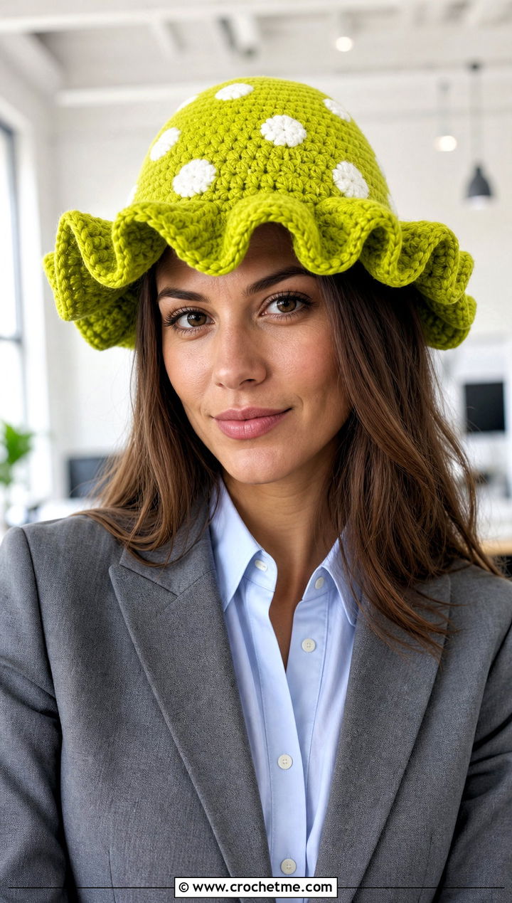 Ruffle Brim Crochet Toadstool Hat With Tailored Trousers - 15 Crochet Toadstool Hat outfit ideas