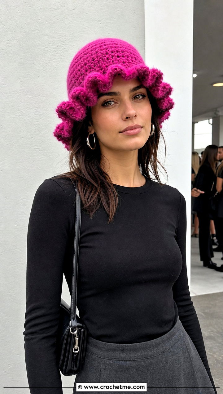Ruffle Brim Fuzzy Crochet Bucket Hat With Mini Skirt - 25 fuzzy crochet bucket hat outfit ideas
