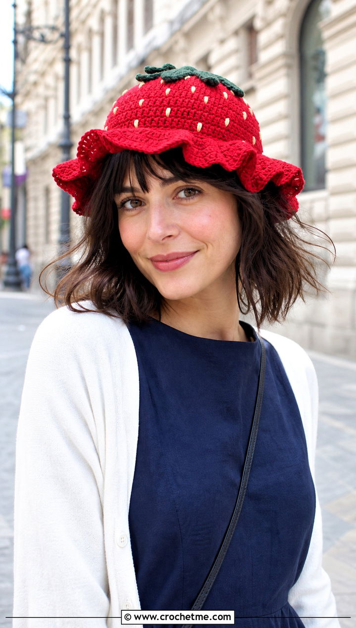 Ruffle Brim Strawberry Crochet Hat With Mini Dress - 30 strawberry crochet hat outfit ideas