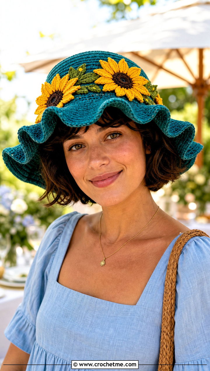 Ruffle Brim Sunflower Hat With Linen Dress - 15 Handmade Crochet Sunflower Hat outfit ideas