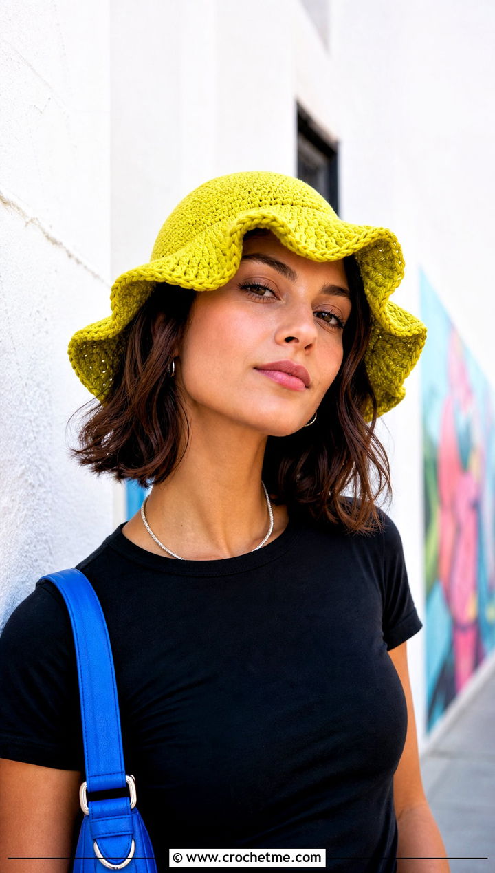 Ruffle Brim Yellow Crochet Bucket Hat With Mini Skirt - 30 yellow crochet bucket hat outfit ideas