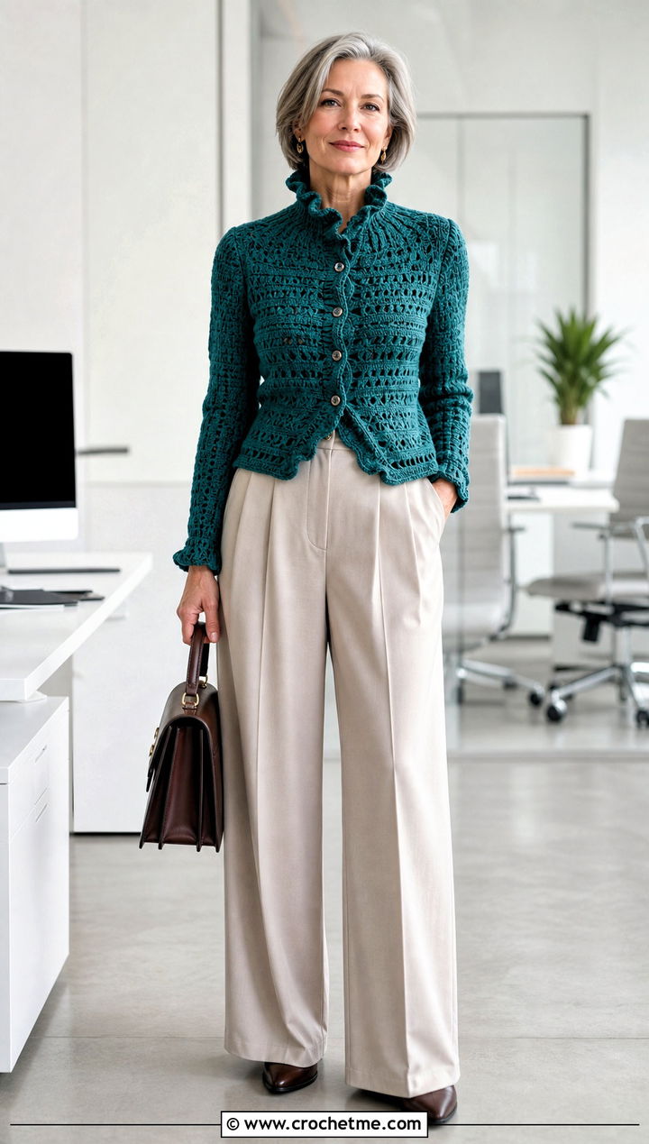 Ruffle Collar Victorian Crochet Cardigan With Pleated Pants - 15 Victorian Style Crochet Cardigan outfit ideas