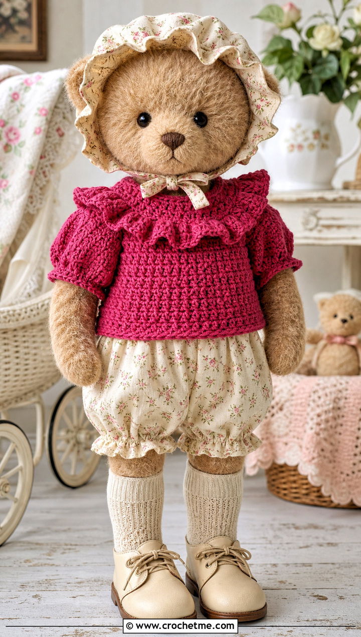 Ruffle Crochet Blouse With Cotton Bloomers - 35 crochet teddy clothes and outfit ideas