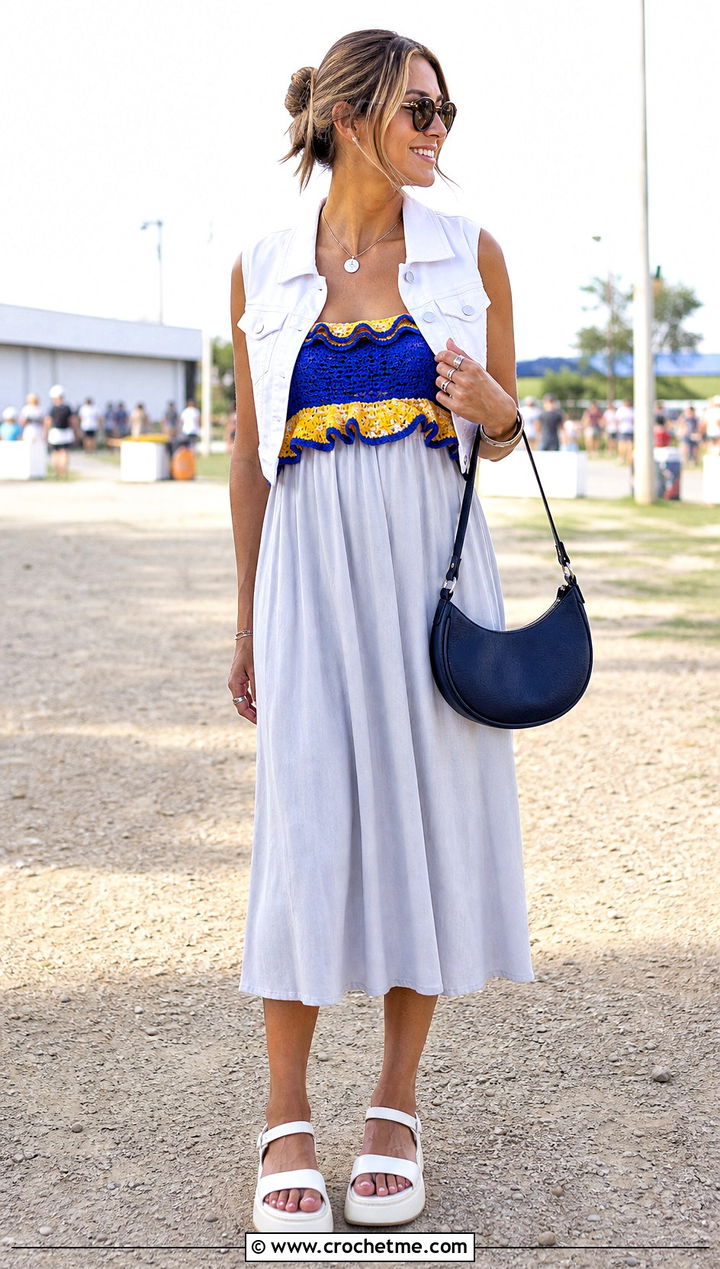 Ruffle Crochet Bodice Dress With Denim Vest - 25 crochet bodice dress outfit ideas