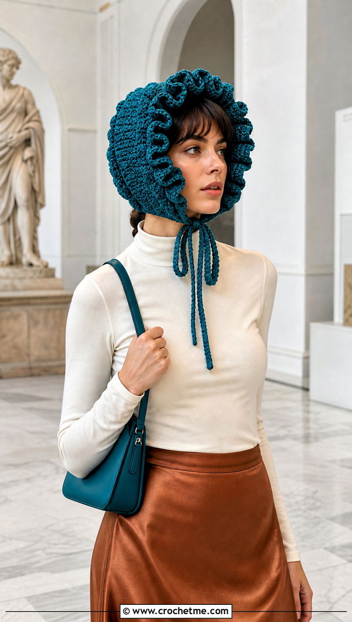 Ruffle Crochet Bonnet With Satin Skirt - 25 Weird Crochet Hat outfit ideas