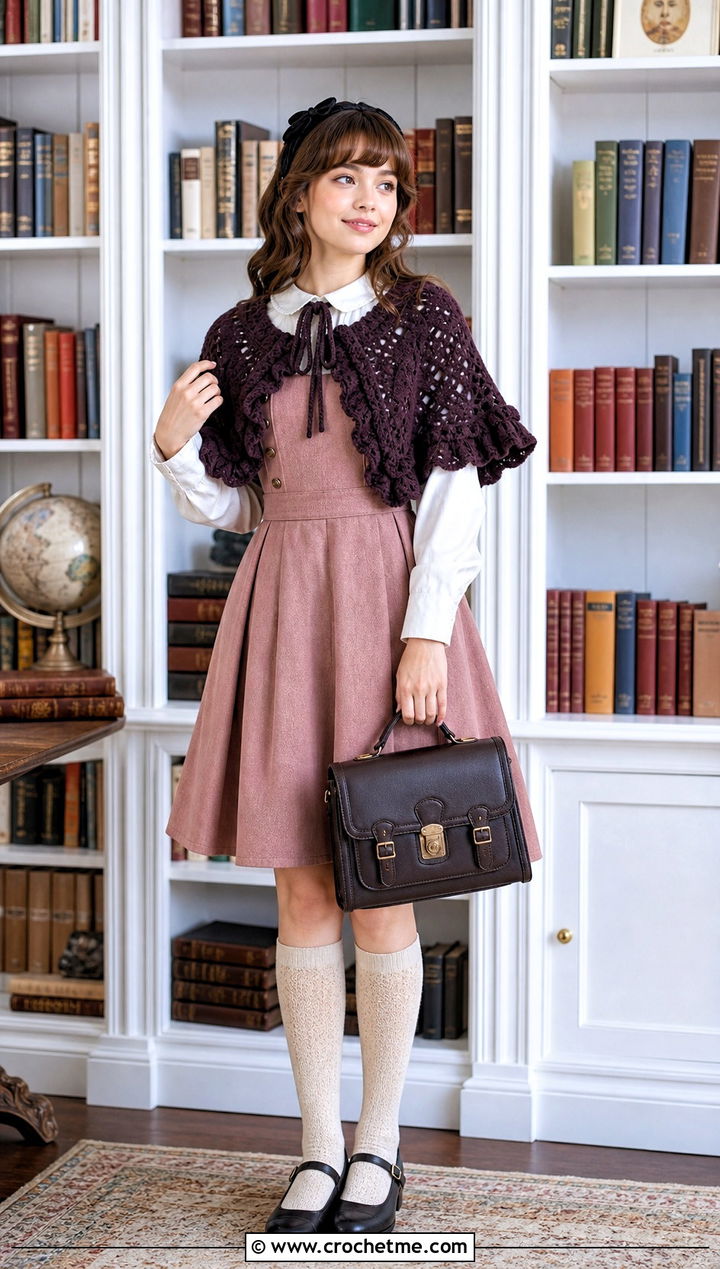 Ruffle Crochet Capelet With Blouse And Pinafore Dress - 35 Kawaii Crochet Clothes and outfit ideas