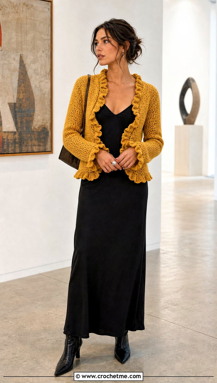 Ruffle Crochet Cardigan With Bias Cut Dress - 25 witchy crochet cardigan outfit ideas