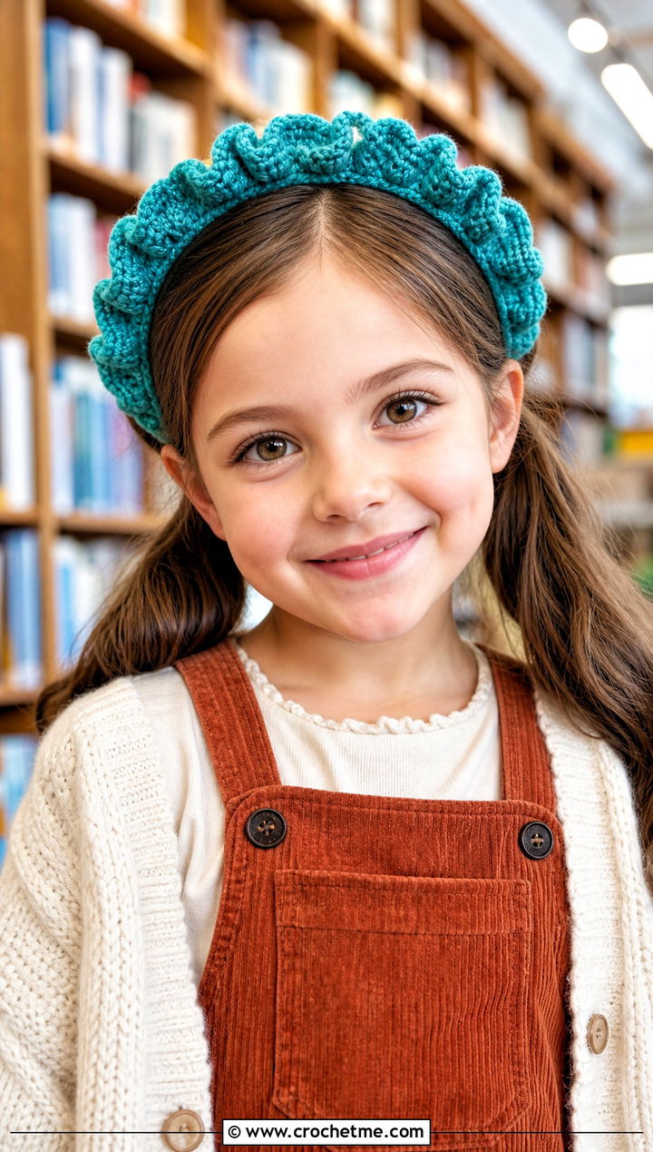 Ruffle Crochet Child Headband With Corduroy Pinafore - 20 Crochet Childs Headband outfit ideas