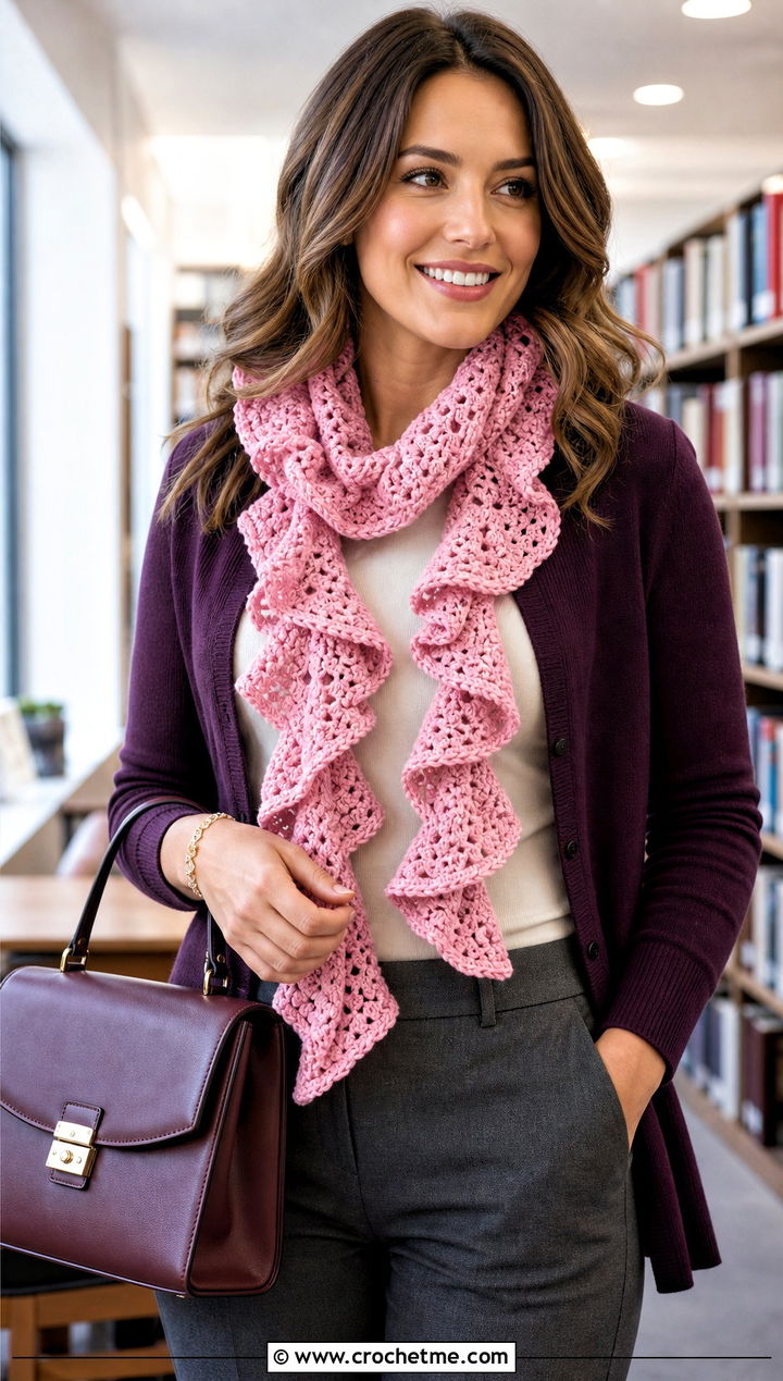 Ruffle Crochet Fall Scarf With Cardigan And Trousers - 15 Crochet Fall Scarf outfit ideas