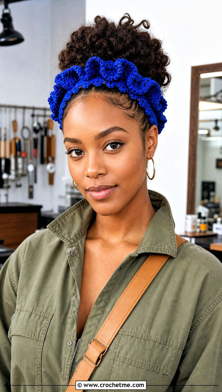 Ruffle Crochet Headband With Utility Jumpsuit - 30 crochet headband for women outfit ideas