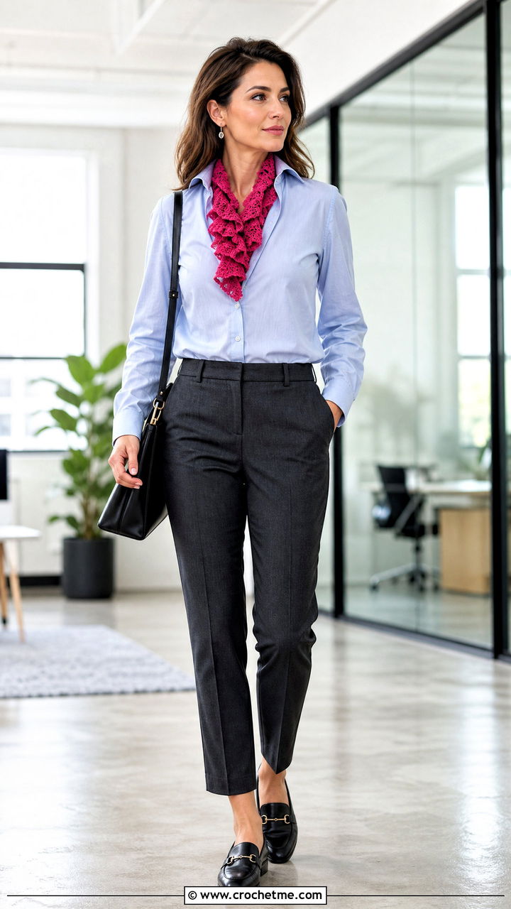 Ruffle Crochet Scarf With Button Down Shirt - 35 easy crochet scarves outfit ideas